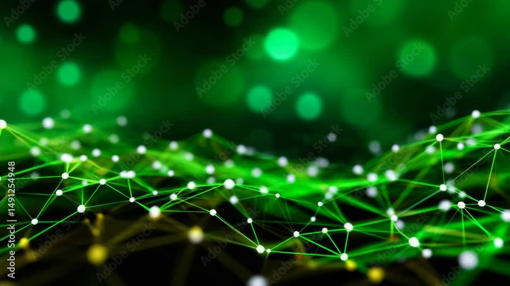 Abstract green digital background with network connections and glowing points.