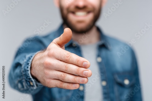 Male professional shaking hands, welcoming gesture, white background