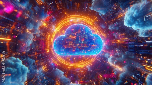 Abstract digital cloud computing network design.