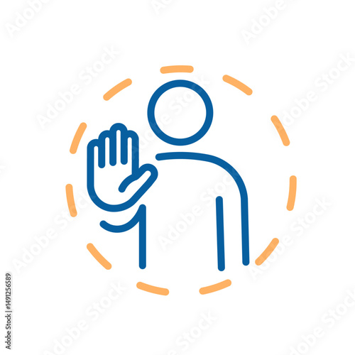 Personal boundaries icon. Vector thin line illustration with editable stroke representing self protection, emotional limits and mental wellness. Person with open palm stop gesture with circle around