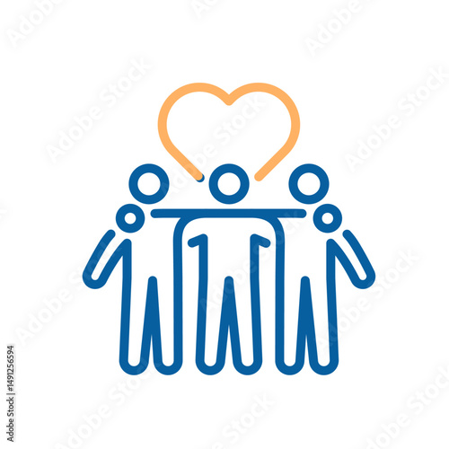 Emotional support friends icon. Vector thin line illustration with editable stroke showing friendship, empathy, connection and group care. Three people hugging with heart