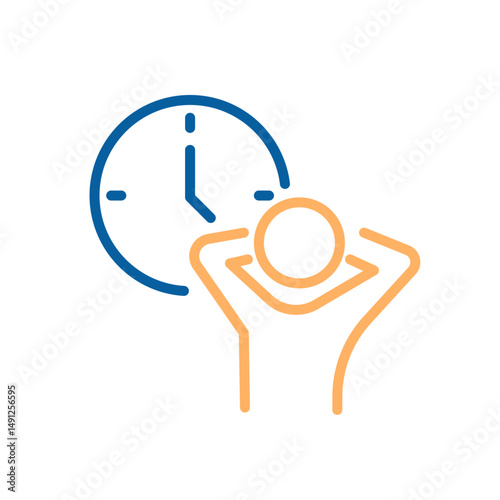 Taking a break. Time management relaxation icon. Vector thin line illustration with editable stroke showing stress free routine, calm scheduling. Person relaxing with clock