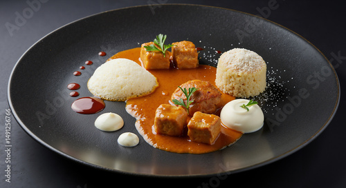 Gourmet chicken paprikash with dumplings and sauce on black plate