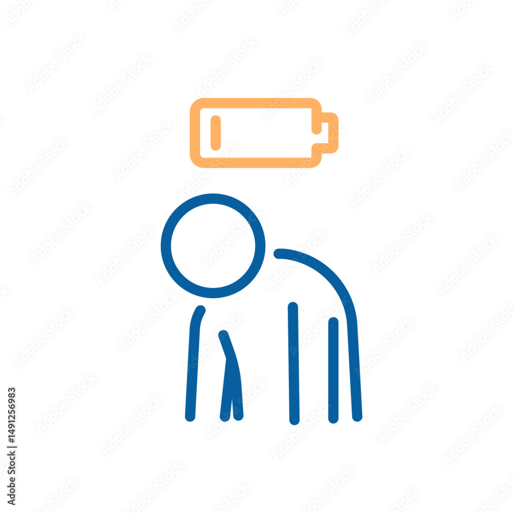 Mental fatigue icon. Vector thin line illustration with editable stroke showing burnout, exhaustion, energy depletion and chronic tiredness. Tired person with low battery