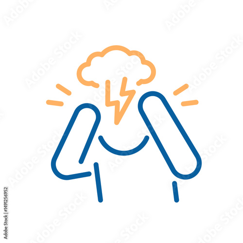 Headache and mental tension icon. Vector thin line illustration with editable stroke showing a person with hands in head, stress, pressure and cognitive overload. Trauma, ptsd or strong migraine.