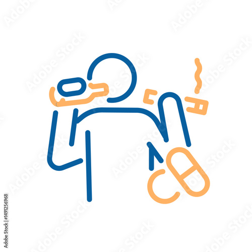 Substance abuse icon. Vector thin line illustration with editable stroke showing addiction, unhealthy habits and mental health risk. Person consuming alcohol, drugs and nicotine