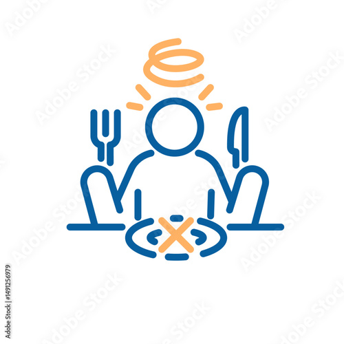 Eating disorder icon. Vector thin line illustration with editable stroke showing food refusal, appetite loss and disordered eating behavior.