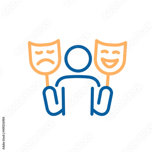 Bipolar disorder icon. Vector thin line illustration with editable stroke showing mood swings, emotional shifts and mental health condition. Person with two masks happy smiling and sad