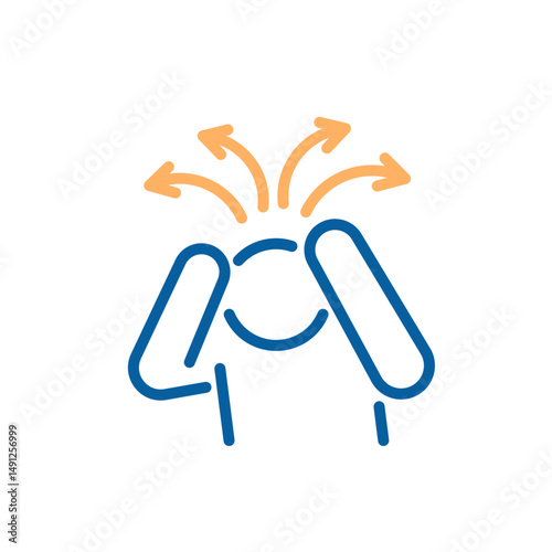 Overwhelmed person with scattered arrows icon. Adhd, focus issues, hyperactivity. Vector thin line illustration, editable stroke