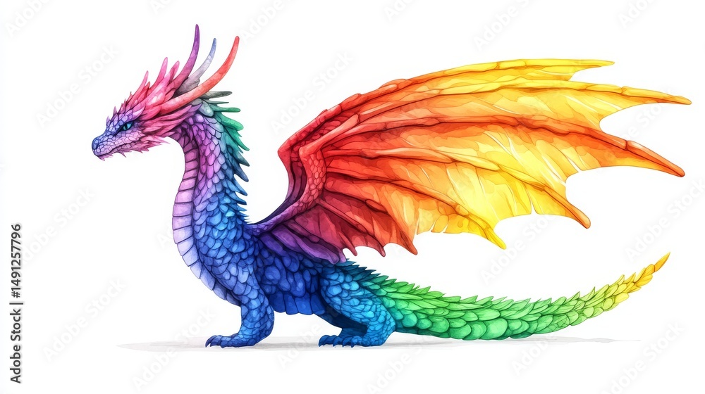 Obraz premium A majestic pose and detailed scales define this vibrant rainbow dragon illustration of a fantasy creature and mythical beast