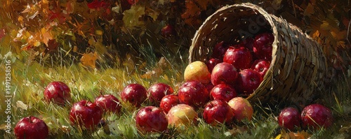 National apple day with red fruit idea. Spilled apples from a basket on lush grass.
