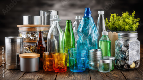 Recycling garbage and reusable waste management as old paper glass metal and plastic household products to be reused as a concept of environmental conservation of material saving energy and money. photo