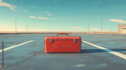 On a seemingly endless road, a single red suitcase stands as a poignant reminder of the excitement and trepidation that accompanies the start of a new travel adventure