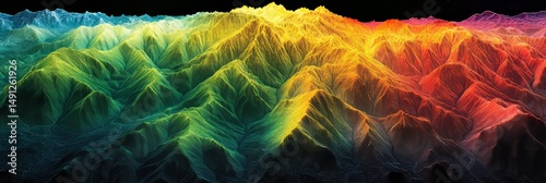 The topographic map displays a coastal region from an aerial perspective, highlighting elevation changes in vivid colors