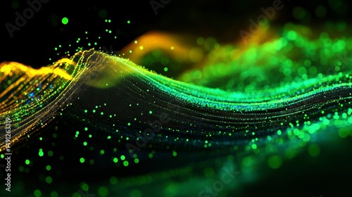 Abstract green and gold particle wave flowing on black background.