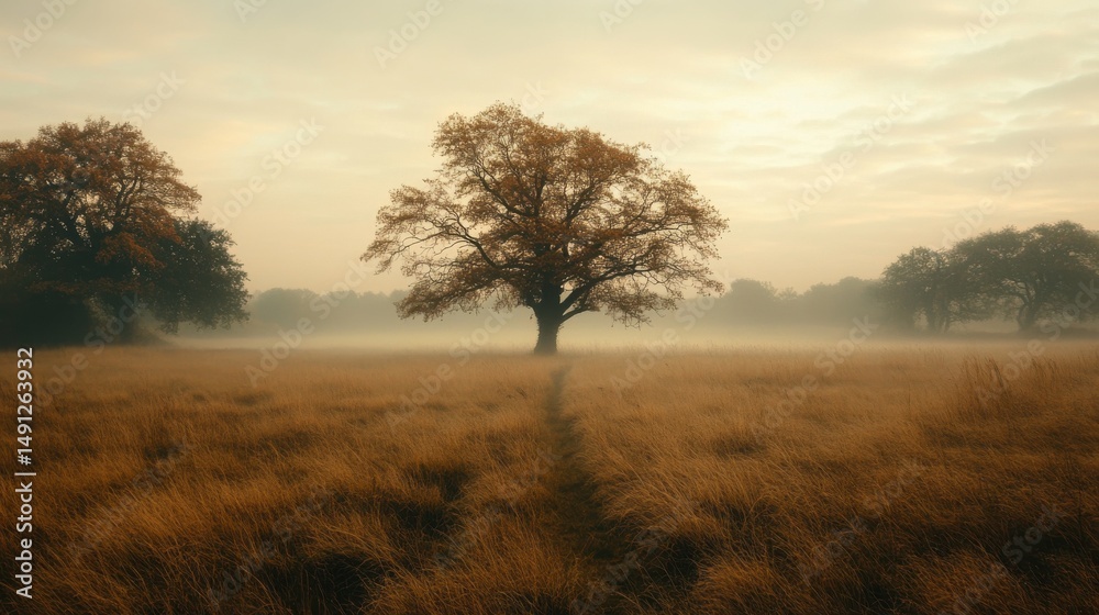 Obraz premium Serene Autumn Landscape with Lone Tree in Misty Field at Dawn