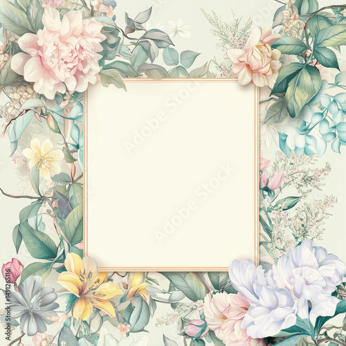 Floral frame with pastel flowers and leaves for invitations, announcements, or cards, a decorative design element on a light background, watercolor style