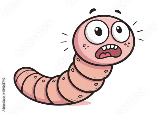 Frightened cartoon worm character with panicked eyes and expressive face in vector illustration on transparent background