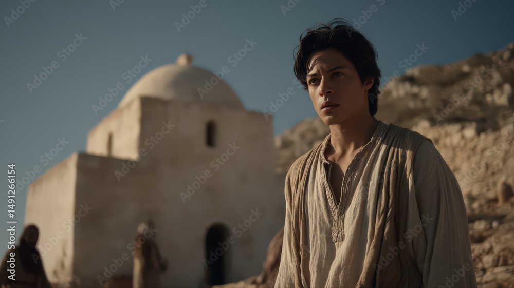 Fototapeta premium Young Man in Airy Cotton Tunic Standing at Cliffside with Scenic Background in Greece
