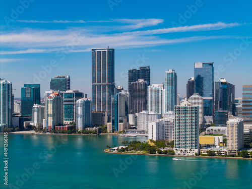 Brickell skyline with skyscraper architecture. City skyline. Waterfront city. Miami from Brickell Key in Florida. Skyscraper in downtown city. Cityscape skyline. Brickell building in Miami downtown