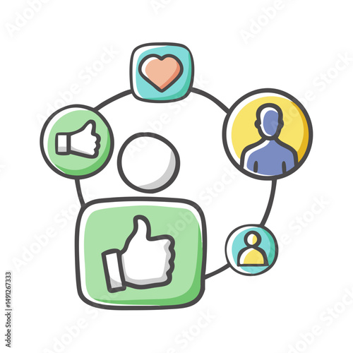 Social media icons and symbols representing engagement, likes, and communication