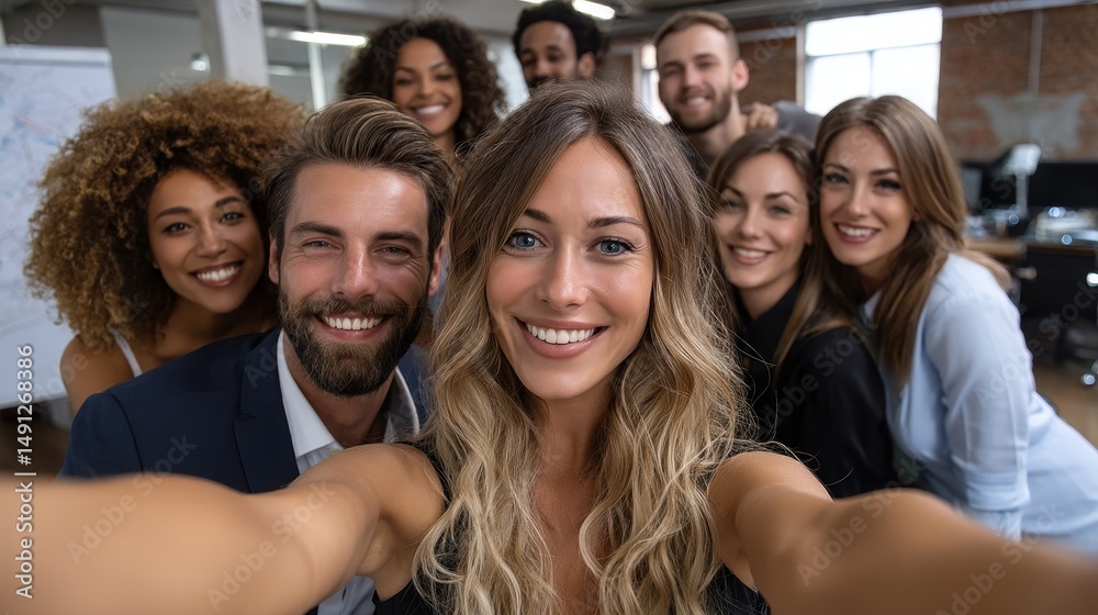 Obraz premium A joyful selfie moment featuring a multicultural team of businesspeople in a creative co-working space after a corporate workshop