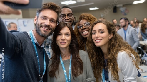A diverse mix of male and female professionals taking a selfie with conference lanyards and whiteboards in the background
