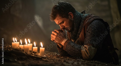 Medieval knight in chainmail deeply praying by candlelight in a somber setting