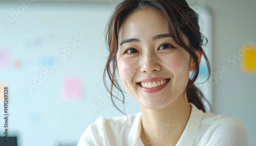 笑顔で意見を出す女性社員