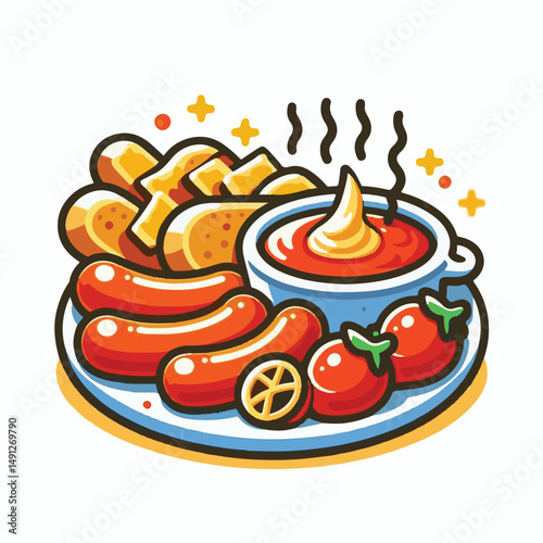 sausage, meal, food, currywurst, bratwurst, curry, german, ketchup, sauce, pork, lunch, fried, dinner, meat, snack, spicy, wurst, hot, dish, plate, fast, spice, grill, wooden, fast food, roasted, cook