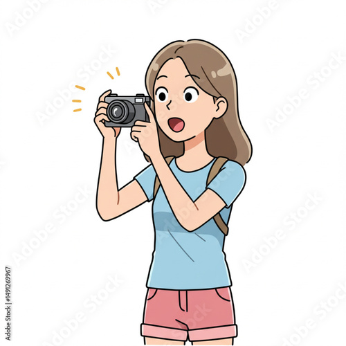Amazed Young Woman Tourist Taking Photo with Digital Camera – Cartoon Character Vector Illustration on White Background