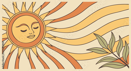 Summer horizontal abstract background with bright retro groovy sun and text Summer. Modern art minimalist style design template for sales, horizontal poster, header, cover, social media, fashion ads
