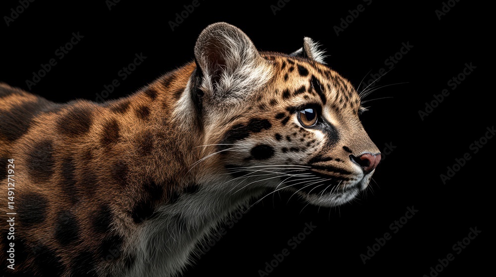Fototapeta premium Close-up profile of a clouded leopard against a black background.