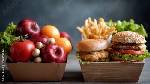 Nutrition choice and diet decision concept and eating dilemma between healthy good fresh fruit and vegetables or greasy cholesterol rich fast food with two hands holding meal options.