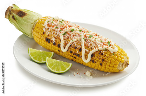 Grilled Mexican street corn with cotija cheese, chili powder, lime and mayo, isolated on white