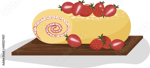 Strawberry roll. Sweet log. Cartoon spiral cake. Pastry with fresh berries and cream. Dessert lies on a wooden board. Vector illustration
