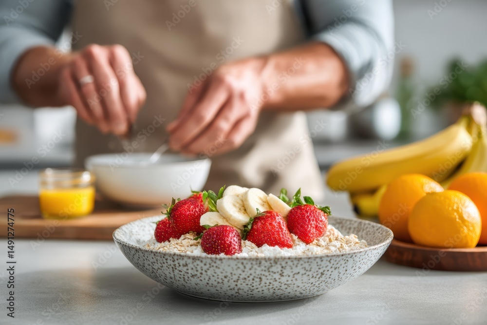 Man preparing breakfast with oatmeal and fruits, nutritious start, white background Man preparing breakfast with oatmeal and fruits, nutritious start, white background