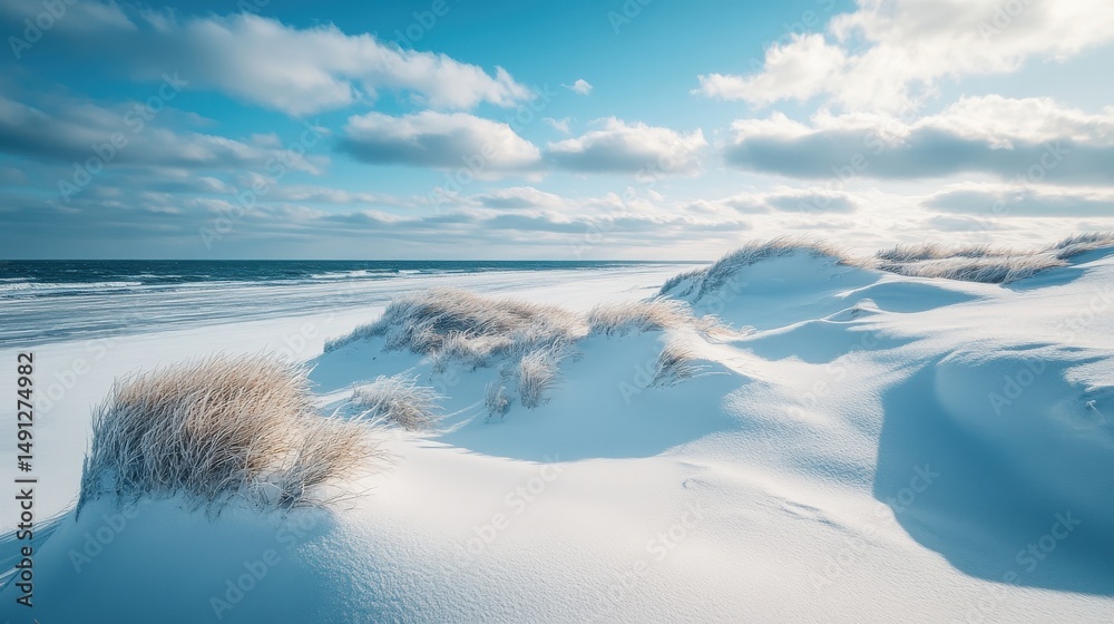 Fototapeta premium Snowy winter beach dunes under a vibrant sky.