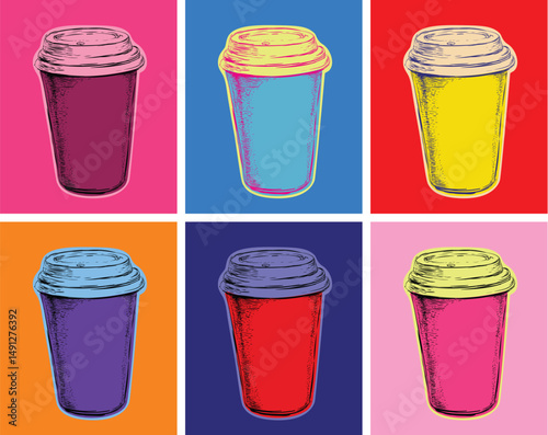 Set Coffee Mug Vector Illustration Pop Art Style 