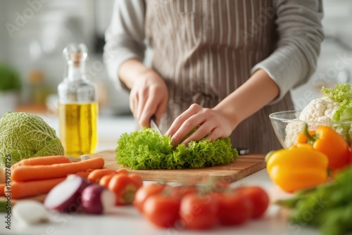 Woman preparing healthy meal with fresh vegetables, nutrition focus, white background