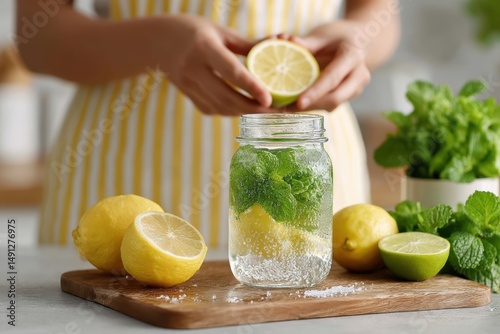 Woman preparing detox water with lemon and mint, healthy hydration, white background
