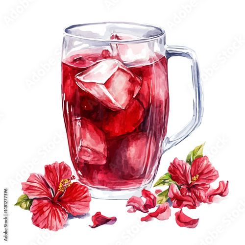 Iced Hibiscus Tea With Flower Petals, watercolor drawing vector, high quality, isolated on a white background.