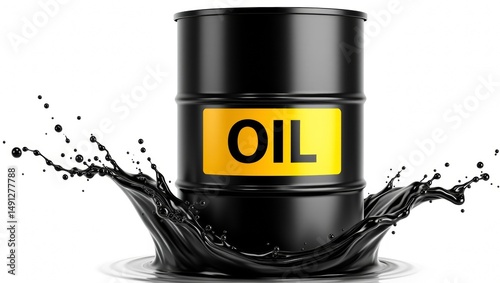 Digital illustration of glossy black oil barrel with bold yellow label and dynamic liquid splash on white background photo