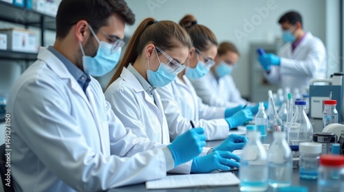 Scientists working in laboratory with protective gear and scientific equipment