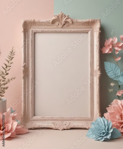 Stylish photo frame collage mockup with decorative elements, textured paper, pastel colors , template, element
