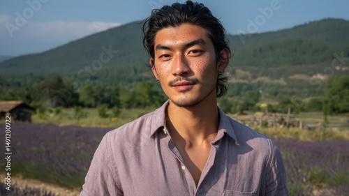 Young Native American Man with Freckles and Tied Back Hair in a Lavender Field with Mountains