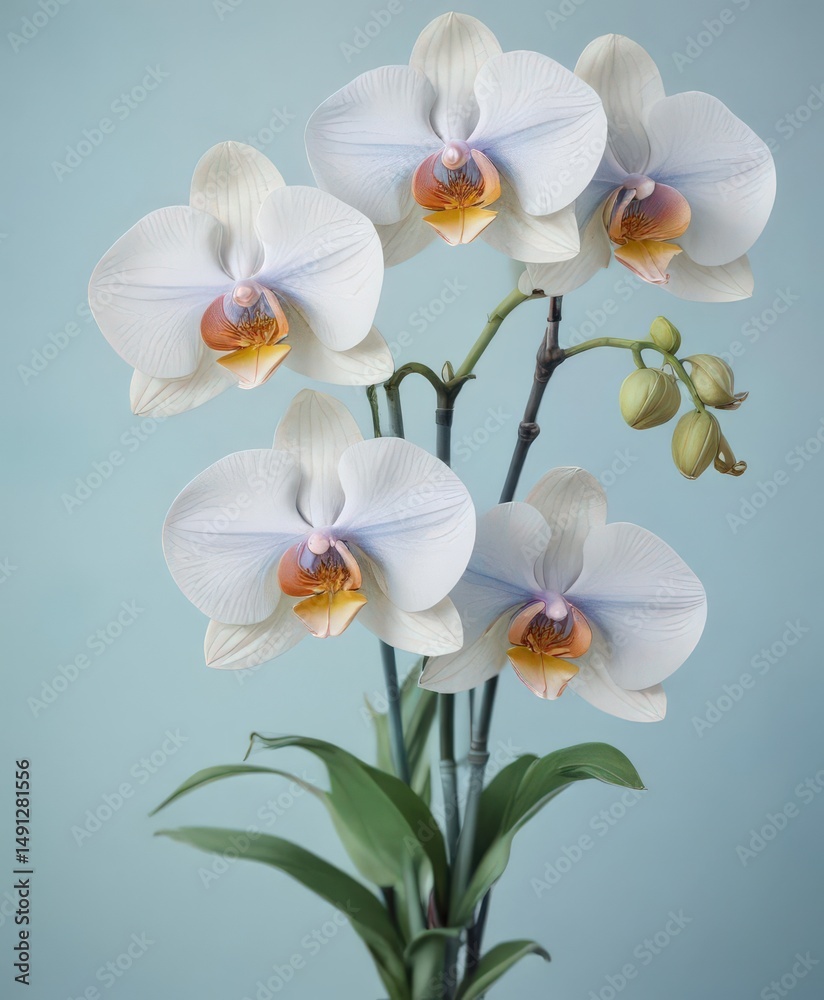 Obraz premium Close-up watercolor painting of Philippine Phalaenopsis orchids against a soft blue background , soft blue, petals, botanical art