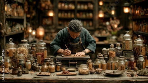 A Person Writing Ancient Herbal Recipes in a Traditional Apothecary Shop
