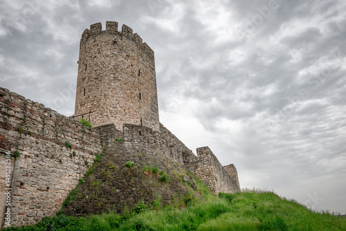 The walls of the upper town of the Belgrade Fortress seen from the Kalemegdan park. In Belgrade, Serbia.