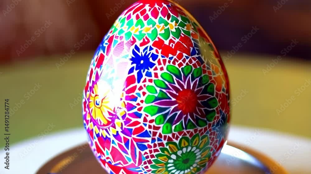 Intricate Easter egg decorated with bright mosaic floral patterns, festive colorful spring holiday celebration concept, standing upright on platter, close-up